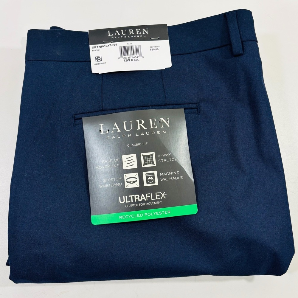 NWT Ralph Lauren Mens Navy Blue Classic-Fit Stretch Trousers Dress Pants 42W 30L